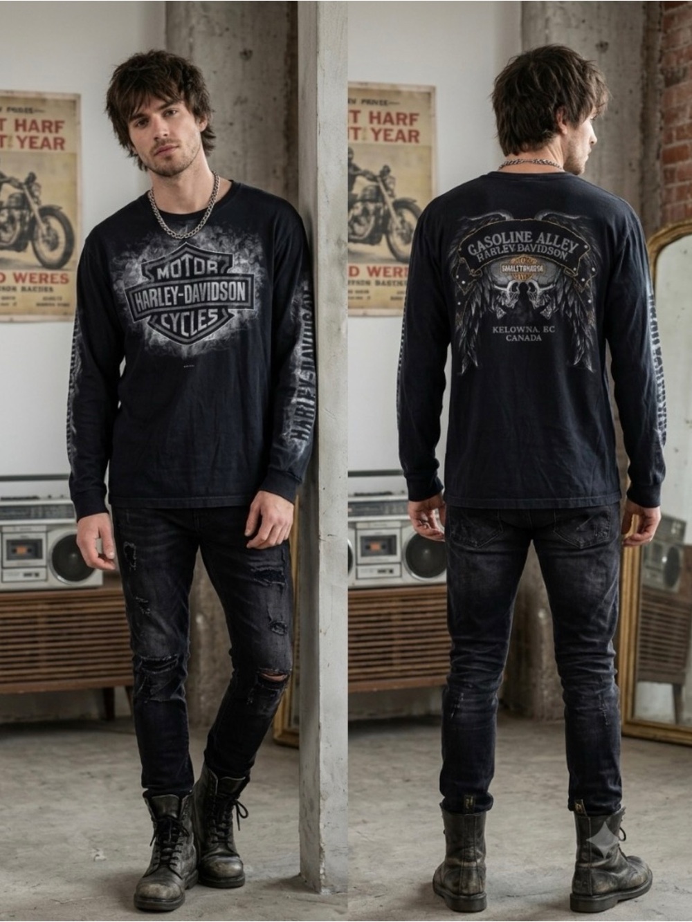 Harley-Davidson Gasoline Alley Kelowna BC Canada Black Long Sleeve Graphic Tee L